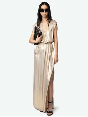 Zadig & Voltaire Ritmic gold satin dress maxi metallic goddess draped size large